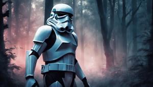 Scared Stormtrooper in dark forest at Midnight