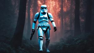 Scared Stormtrooper in dark forest at Midnight