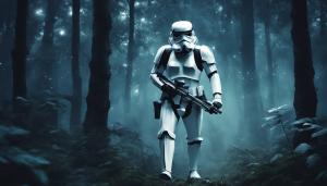 Scared Stormtrooper in dark forest at Midnight