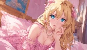 woman, straight golden blonde hair, blue eyes, pouting at camera, wearing baby doll dress, pouting in pink bedroom