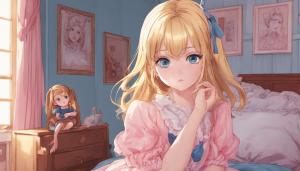 woman, straight golden blonde hair, blue eyes, pouting at camera, wearing baby doll dress, pouting in pink bedroom