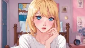 pretty woman with pale skin, long eyelashes, heart shaped face, straight shoulder length golden blonde hair, no bangs, blue eyes, white tee-shirt dress, pouting at the camera, pink bedroom