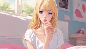 pretty woman with pale skin, long eyelashes, heart shaped face, straight shoulder length golden blonde hair, no bangs, blue eyes, white tee-shirt dress, pouting at the camera, pink bedroom