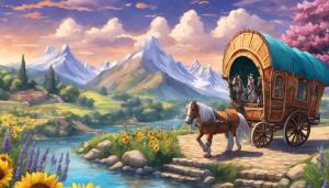 use licence free artwork to create : a traditional Romany Gypsy wagon, being pulled by 2 shire horse's, through a relaxing road surrounded by Lavender and sunflowers, with snowcapped mountains and a waterfall in the background cascading down into a lake.