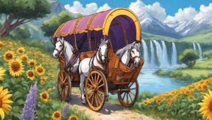 use licence free artwork to create : a traditional Romany Gypsy wagon, being pulled by 2 shire horse's, through a relaxing road surrounded by Lavender and sunflowers, with snowcapped mountains and a waterfall in the background cascading down into a lake.