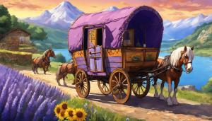 use licence free artwork to create : a traditional Romany Gypsy wagon, being pulled by 2 shire horse's, through a relaxing road surrounded by Lavender and sunflowers, with snowcapped mountains and a waterfall in the background cascading down into a lake.