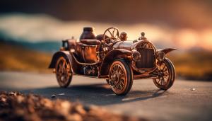 use licence free artwork to create: combine steampunk and electropunk to create a streamlined allterane vehicle that is copper and bamboo wood, that is traveling on the road, driving into the sunset, towards snow peaked mountains.