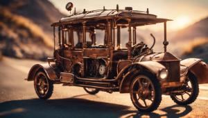 use licence free artwork to create: combine steampunk and electropunk to create a streamlined allterane vehicle that is copper and bamboo wood, that is traveling on the road, driving into the sunset, towards snow peaked mountains.