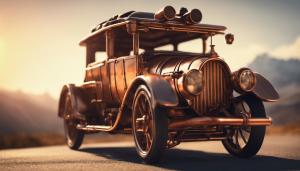 use licence free artwork to create: combine steampunk and electropunk to create a streamlined allterane vehicle that is copper and bamboo wood, that is traveling on the road, driving into the sunset, towards snow peaked mountains.