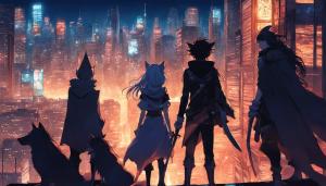 girl elf, wolf girl, and swords girl, and a guy cloaked in shadow looking down at the city lights  