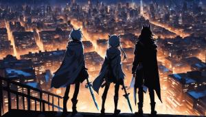 girl elf, wolf girl, and swords girl, and a guy cloaked in shadow looking down at the city lights  