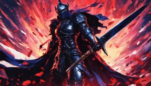 Black knight wearing a cape and one handing a sword