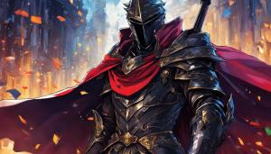 Black knight wearing a cape and one handing a sword