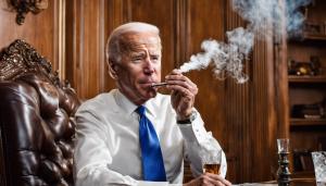 Joe Biden blowing smoke out of an expensive glass pipe