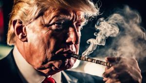 Donald Trump blowing smoke rings around a hookah pipe