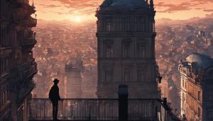 guy in shadow standing on building looking down at nineteenth century city