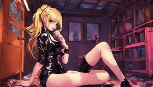 Blond hair girl, beutifull and seductive, latex clothing, in her room, goth, bending over pose, flirtacious.