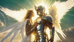 muscular angel with white wings wearing a silver shining plate armor with helmet, heals a beautiful woman and the sun is giving its power to the angel, 4k, golden healing beams, golden healing power out of the angels hands, green glowing eyes behind the helmet