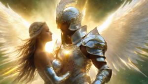 muscular angel with white wings wearing a silver shining plate armor with helmet, heals a beautiful woman and the sun is giving its power to the angel, 4k, golden healing beams, golden healing power out of the angels hands, green glowing eyes behind the helmet