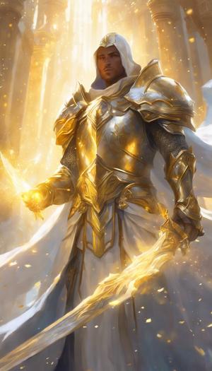 Battle ready healing paladin, 4k, full plate armor and robes, golden light comes out of his hands, holy light, healing, 