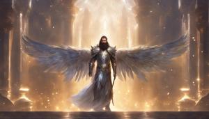 male paldin fantasy artwork with wings and holy light on shiny silver armor, 4k, brown hair and long beard