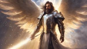 male paldin fantasy artwork with wings and holy light on shiny silver armor, 4k, brown hair and long beard