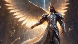 male paldin fantasy artwork with wings and holy light on shiny silver armor, 4k, brown hair and long beard