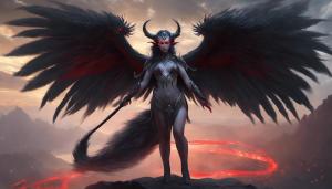 female manticor on two legs standing holding a whip, 4k, fantasy, grey fur, black dress, red eyes, huge wings