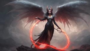 female manticor on two legs standing holding a whip, 4k, fantasy, grey fur, black dress, red eyes, huge wings