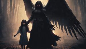 a dark angel with a demonic face, protecting a scared little girl from monsters 