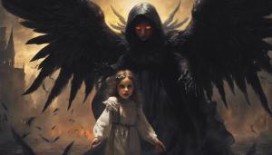 a dark angel with a demonic face, protecting a scared little girl from monsters 