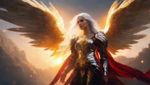 silver haired female angel with huge red-black wings and golden armor holding another female and healing her wounds, sunlight of a dawn, 4k, upscaling, dark fantasy, golden string armor, 90-60-90 bmi