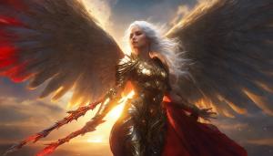 silver haired female angel with huge red-black wings and golden armor holding another female and healing her wounds, sunlight of a dawn, 4k, upscaling, dark fantasy, golden string armor, 90-60-90 bmi