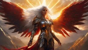 silver haired female angel with huge red-black wings and golden armor holding another female and healing her wounds, sunlight of a dawn, 4k, upscaling, dark fantasy, golden string armor, 90-60-90 bmi