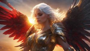 silver haired female angel with huge red-black wings and golden armor holding another female and healing her wounds, sunlight of a dawn, 4k, upscaling, dark fantasy, golden string armor, 90-60-90 bmi