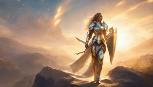 female paladin in big shiny armor walking in the light of a dawn, perfect body, sword carried on the back, 4k, upscaling, holy light above her, 