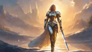 female paladin in big shiny armor walking in the light of a dawn, perfect body, sword carried on the back, 4k, upscaling, holy light above her, 