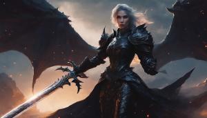 Female dragon knight in black gothic armor holding  a greatsword in one hand,4k,upscaling