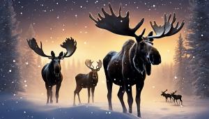 moose, reindeers, snow, night