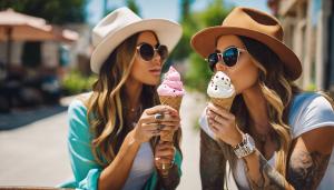 Madison ivy and christy mack eating same ice cream together sunny day