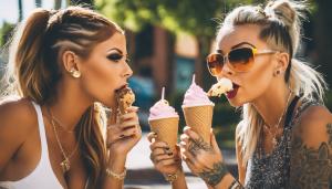 Madison ivy and christy mack eating same ice cream together sunny day