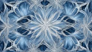 frosted windowpanes and icecrystals pattern, in the style oficy whites and blues, mandalapatterns, delicate tracery,crystalline formations, magicalwinter