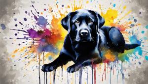 a (black labrador) is painted inwatercolor splatters, in thestyle of colorful realism,illustration