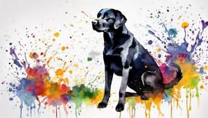 a (black labrador) is painted inwatercolor splatters, in thestyle of colorful realism,illustration