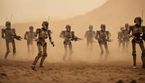 Clones and battle droids shooting at each other in a dust storm on geonosis