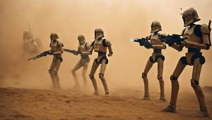 Clones and battle droids shooting at each other in a dust storm on geonosis