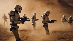 Clones and battle droids shooting at each other in a dust storm on geonosis