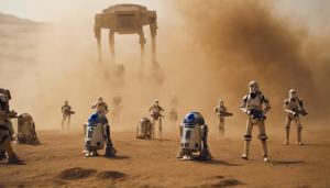 Clones and battle droids shooting at each other in a dust storm on geonosis