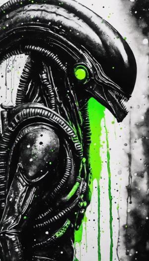 full body black and white watercolor painting of an H.R. Geiger Xenomorph with a little bit of neon green and electric blue watercolor splatter 