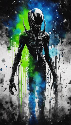 full body black and white watercolor painting of an H.R. Geiger Xenomorph with a little bit of neon green and electric blue watercolor splatter 